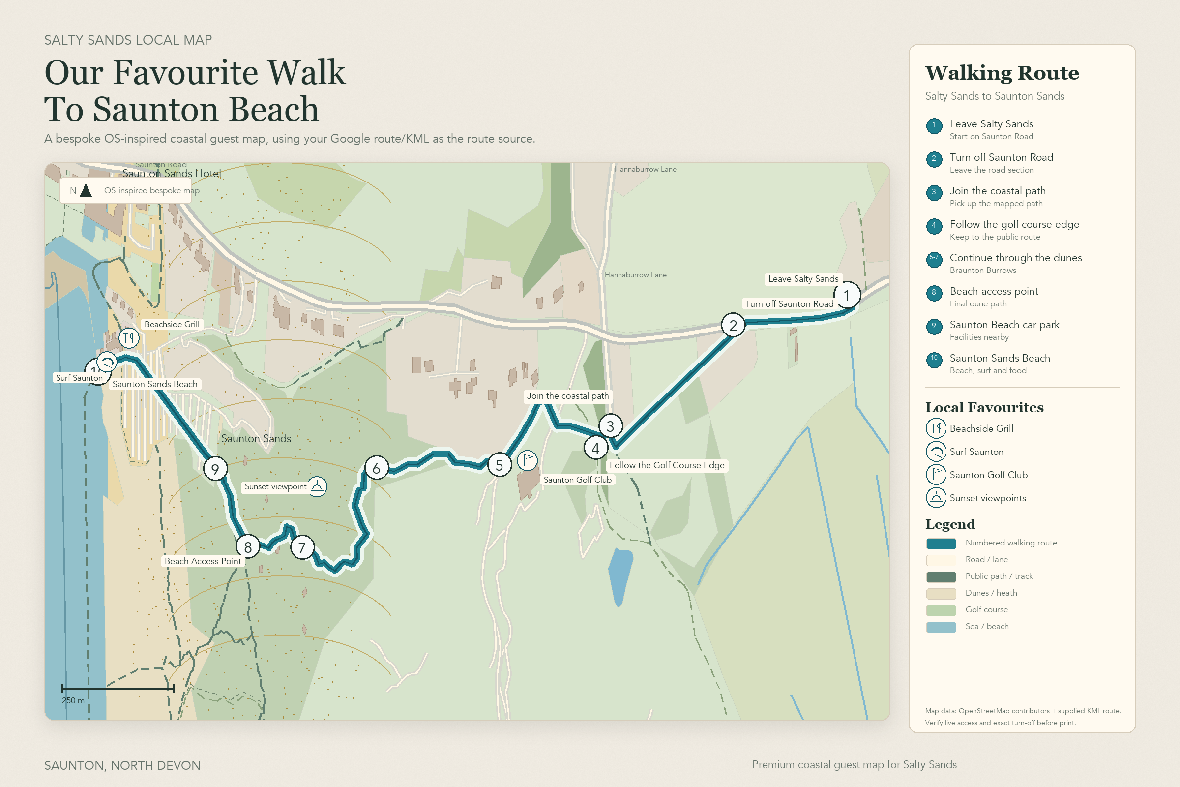 Premium map showing the walking route from Salty Sands to Saunton Beach